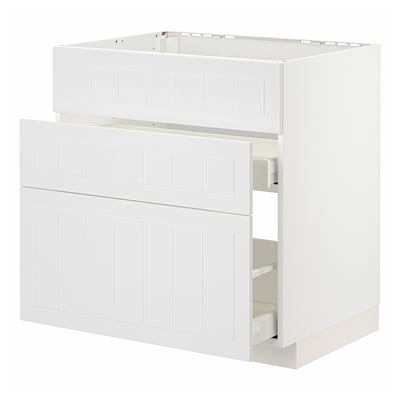 White METOD kitchen cabinet; modern, rectangular, wooden; includes drawers and shelves.