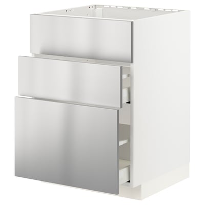Stainless steel kitchen unit with 3 drawers, part of ikeas METOD series.