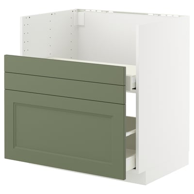 METOD kitchen unit in grey-green with smooth drawers and sleek design.