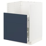 METOD blue kitchen cabinet with drawers and shelves.
