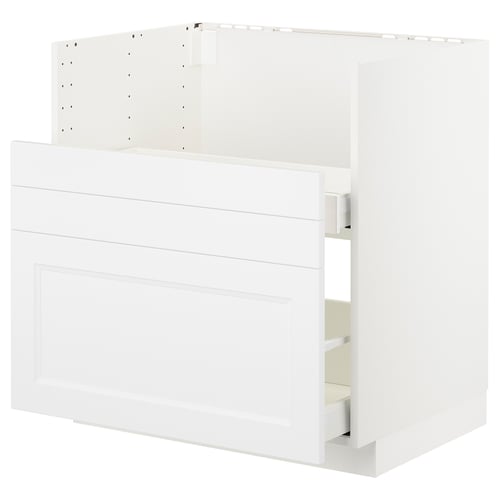 White METOD kitchen cabinet with smooth, white finish, rectangular panels, one drawer open.