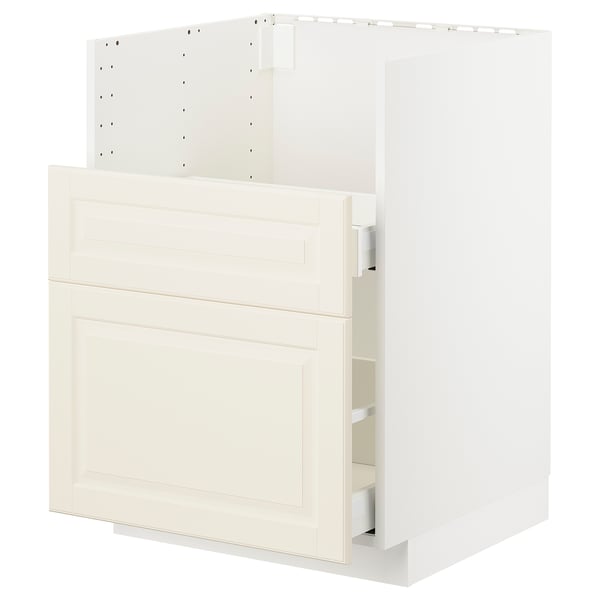 White kitchen cabinet, METOD brand, 2 drawers with off-white beveled edges. Wooden framed box.