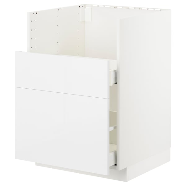 White kitchen cabinet, modern design, glossy finish, square shape, two drawers.