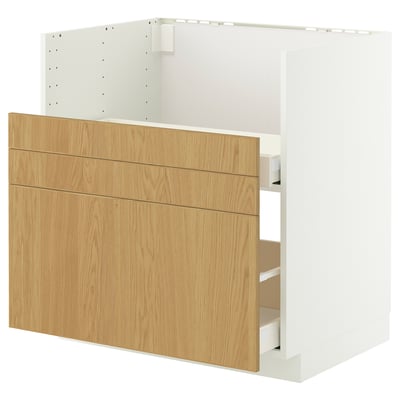 Modular kitchen unit with white frame, oak drawers.