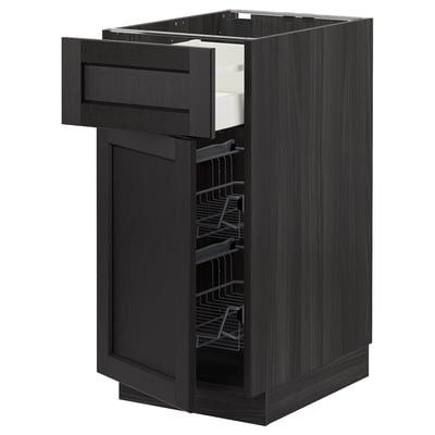 Modern black wooden kitchen cabinet with open drawer and wire basket.