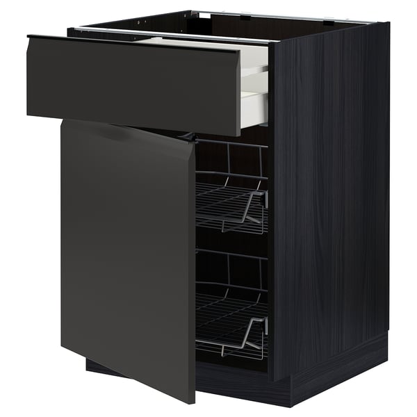 Modern black ikea METOD kitchen cabinet with open drawers and shelves, featuring sleek design and sturdy dark finish.