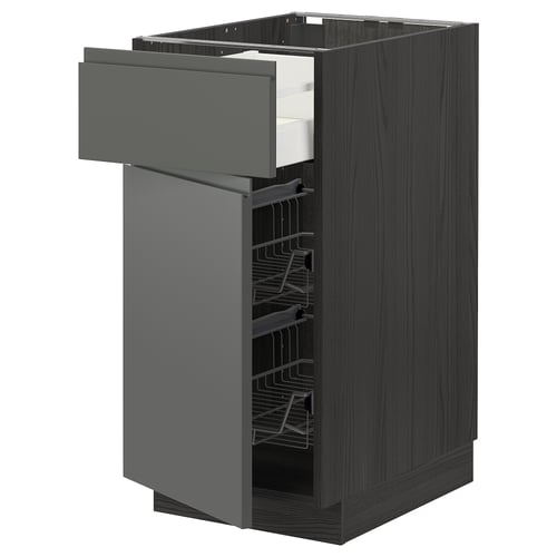 Modern kitchen unit: METOD, dark grey, medium wood, rectangle, two drawers - one wire basket, sleek handles.
