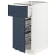 Blue kitchen cabinet, white base with pull-out wire basket.