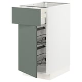 Modern kitchen cabinet, METOD, grey-green, with wire racks, medium size, pull-out drawer, sleek design.