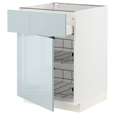 White METOD kitchen cabinet with blue-gray high-gloss drawer, wire shelves.