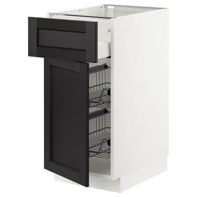 Modern kitchen cabinet with open drawer, black and white, sleek design, wire basket, sturdy build.