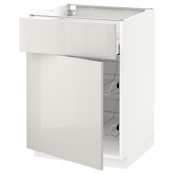 METOD white kitchen cabinet, glossy finish, rectangular shape with one open drawer.