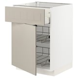 A METOD kitchen cabinet in beige with open drawers, highlighting its organized storage solutions.