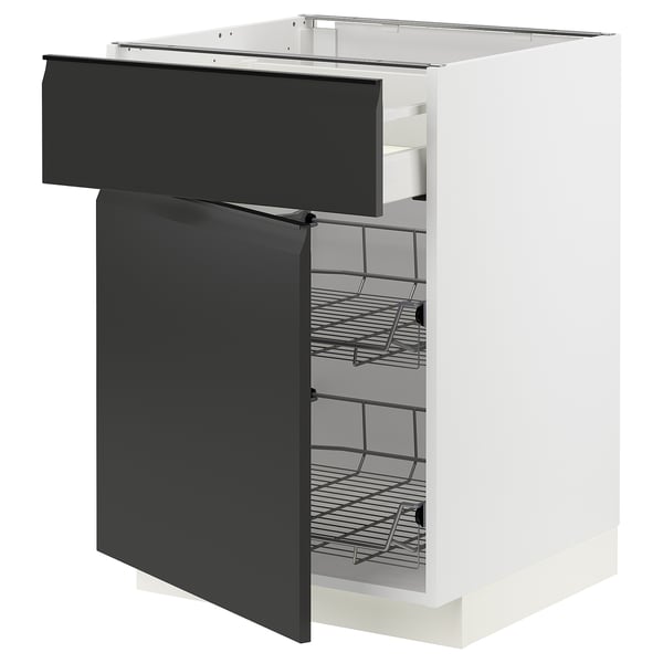 Modern white kitchen cabinet with matte black drawer, open to show wire baskets.