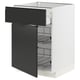 Modern white kitchen cabinet with matte black drawer, open to show wire baskets.
