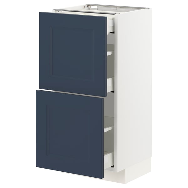 METOD kitchen cabinet in white and blue. Two dark blue drawers with modern design, white frame, and sleek handles.
