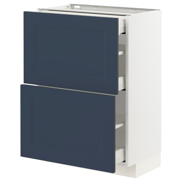 Blue and white kitchen cabinet with drawers, modern and traditional design.