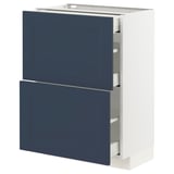 Blue and white kitchen cabinet with drawers, modern and traditional design.