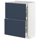 Blue and white kitchen cabinet with drawers, modern and traditional design.