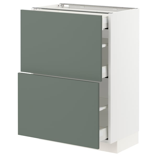 Modern kitchen cabinet, white with grey-green drawers, sleek design, sturdy and organized.