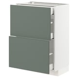 Modern kitchen cabinet, white with grey-green drawers, sleek design, sturdy and organized.