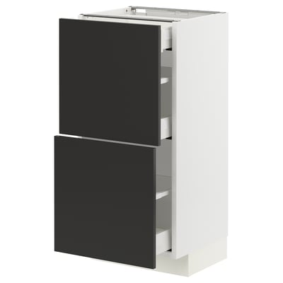 Modern kitchen unit with black drawers & white frame, sleek design, two drawers, pull-out style.