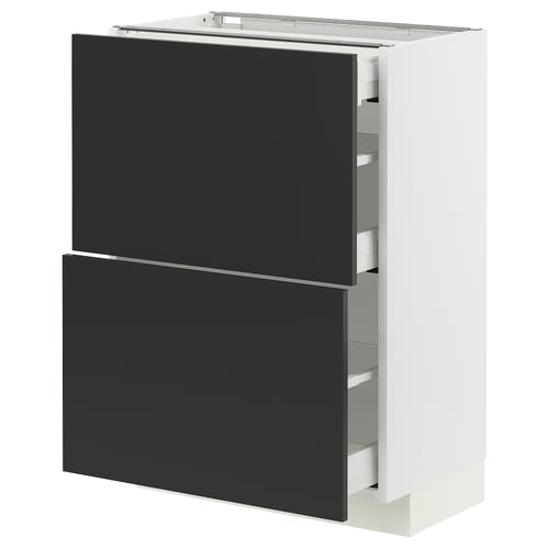 Modern kitchen unit with two black drawers and a white frame; sleek, minimalist design.