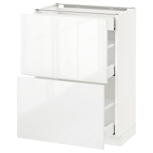 A white METOD kitchen cabinet with glossy doors and drawers. Its modern, rectangular, and has multiple storage compartments.