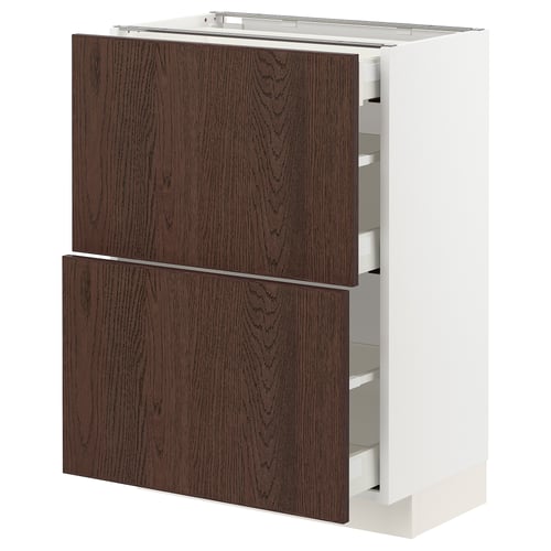 A white and dark brown METOD kitchen unit with wooden drawer fronts and multiple compartments.