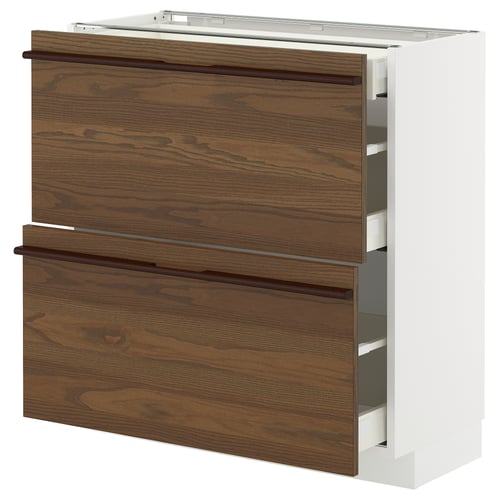 White & brown kitchen cabinet with drawers & shelves, wooden handles.