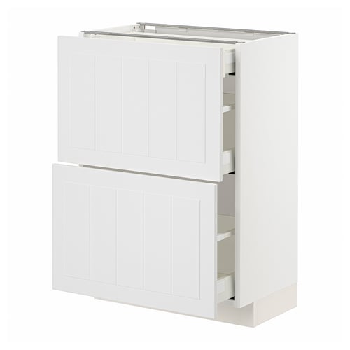 METOD kitchen unit, white, wooden, rectangular with open drawers.
