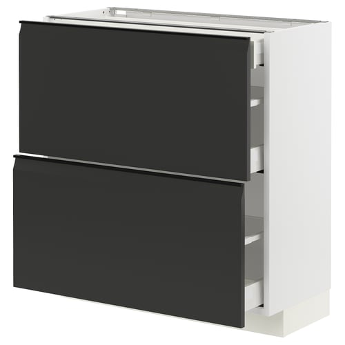 Black modern kitchen cabinet with two drawers and sleek handles.