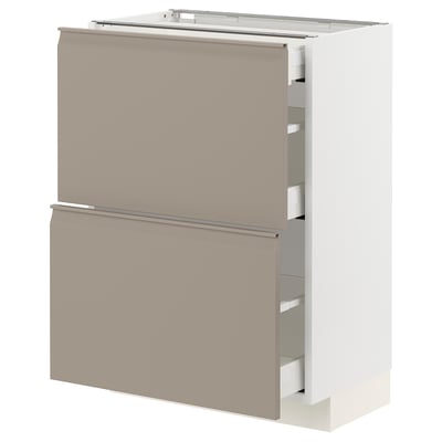 Modern ikea white and gray kitchen cabinet with pull-out drawers and integrated handles.