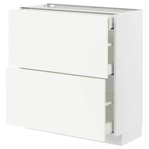 A white ikea METOD kitchen cabinet. It has sleek, minimalist design with multiple drawers and a smooth surface.