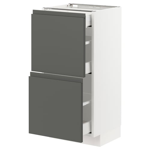 White METOD kitchen unit with dark grey drawers and handles.