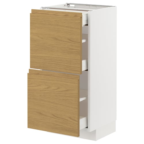 METOD kitchen cabinet, white and oak, three drawers, minimalist design.