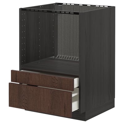 Modern black kitchen cabinet with dark brown drawers, wood edges.
