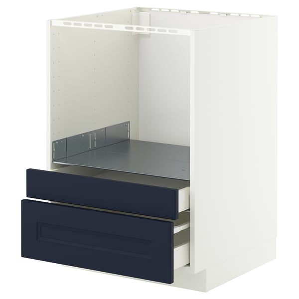 METOD kitchen unit: white frame, blue drawers, two shelves, modern design.