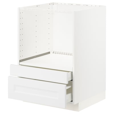 This image shows a white METOD kitchen cabinet system with drawers and a shelf.
