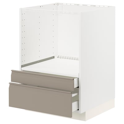 METOD kitchen unit, grey-beige drawers, steel rail, white frame, modern.
