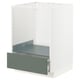 Modern kitchen unit with gray-green drawer, white frame, metal runners & dampers for smooth motion.