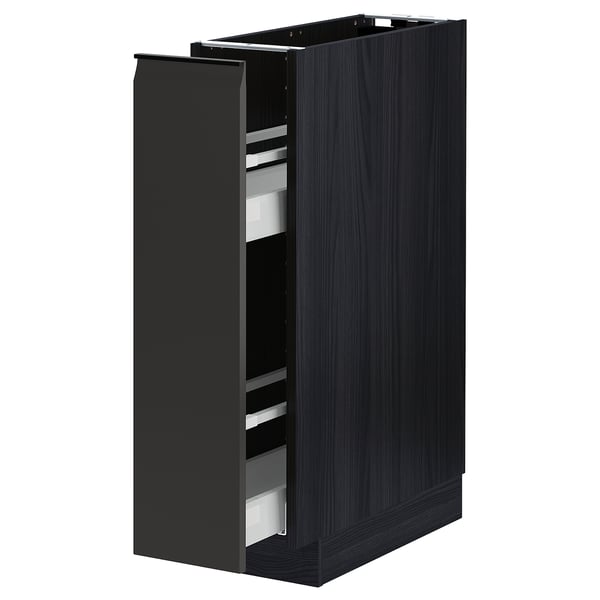 Black kitchen cabinet, modern design, open showing shelves.