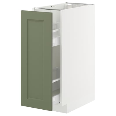 Green-white kitchen cabinet, rectangular with single green door, shelves inside, modern traditional design.