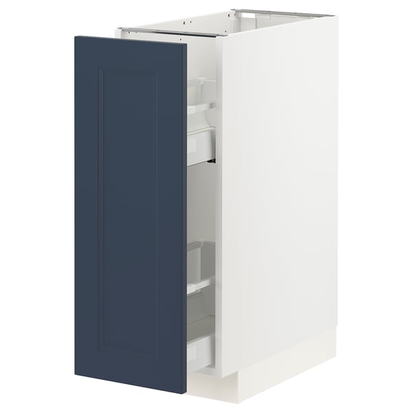 METOD kitchen unit with blue axstad door, white cabinet, pull-out shelf.