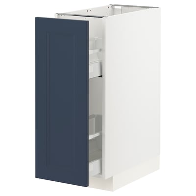 METOD kitchen unit with blue axstad door, white cabinet, pull-out shelf.