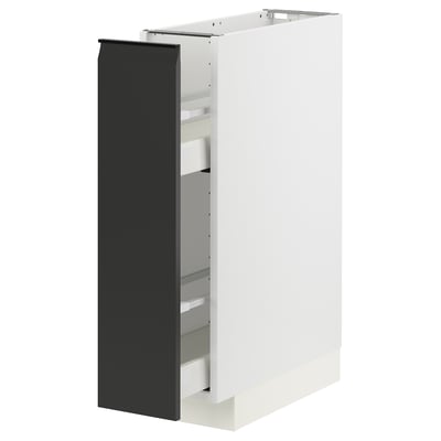 Modern kitchen cabinet, white with matte black door, rectangular shape, sleek handle-less design.