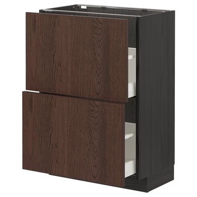Ikea METOD dark brown wood cabinet, rectangular with two drawers and two shelves.