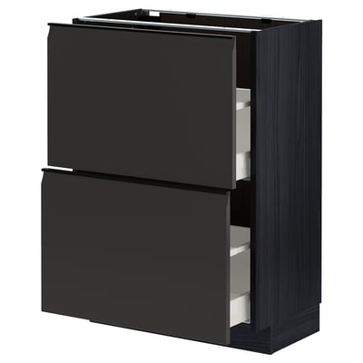 Black METOD kitchen cabinet with drawn-out drawers, sleek design.