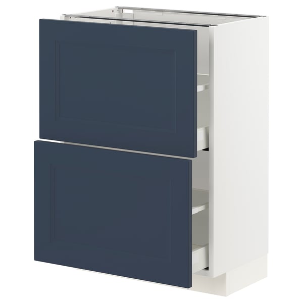 This image the METOD kitchen cabinet in white with blue axstad drawers. It has a rectangular shape with two drawers.