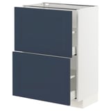 This image the METOD kitchen cabinet in white with blue axstad drawers. It has a rectangular shape with two drawers.